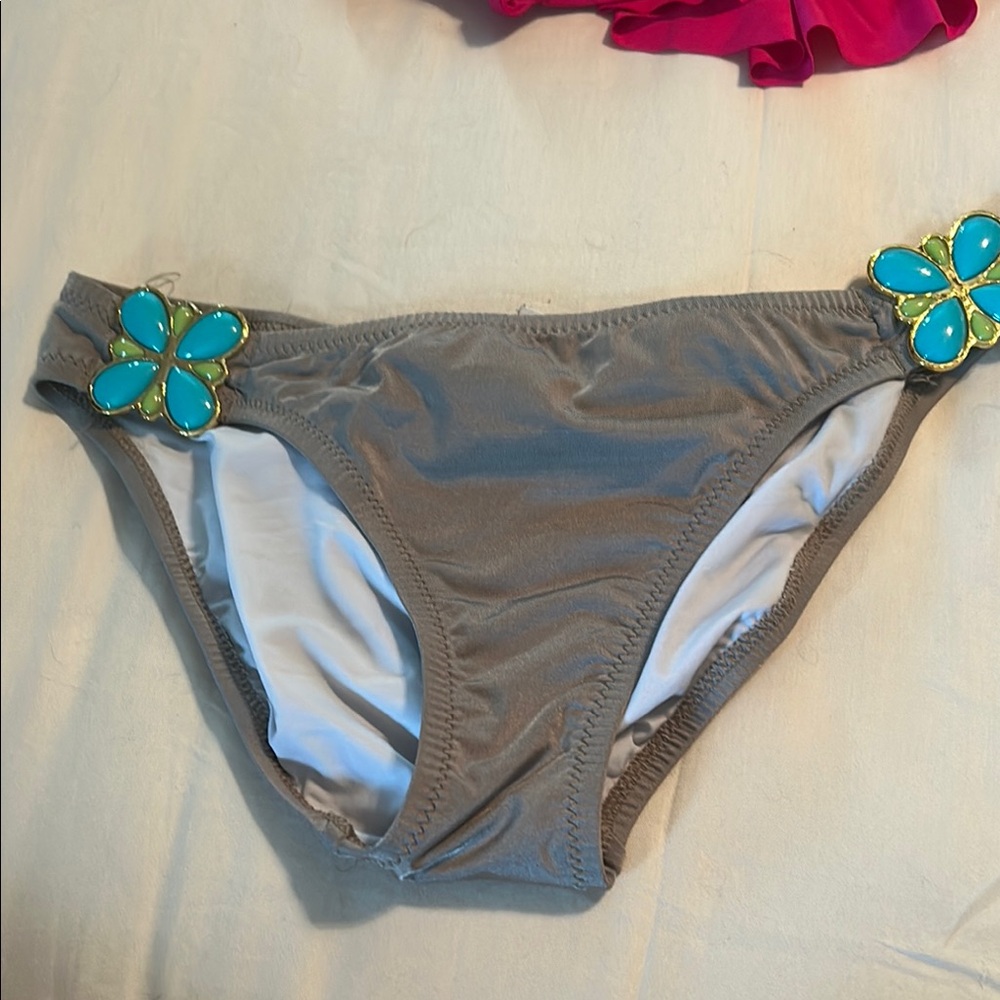 Trina Turk Gray Bikini Bottom with Blue Floral Details size 6